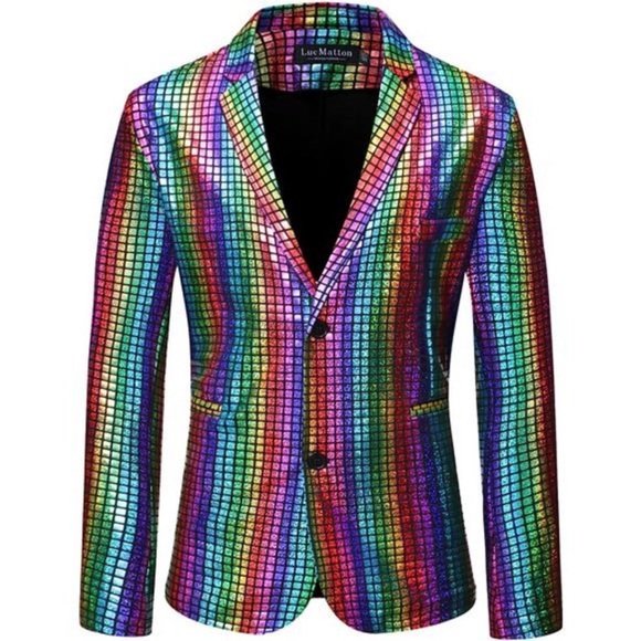 Men's 2 Piece Disco Sets Shiny Jacket and Pants Metallic Sequin Suits - Picture 3 of 9